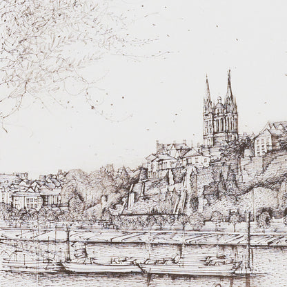 Vintage black and white drawing of a cityscape with a prominent cathedral and river.