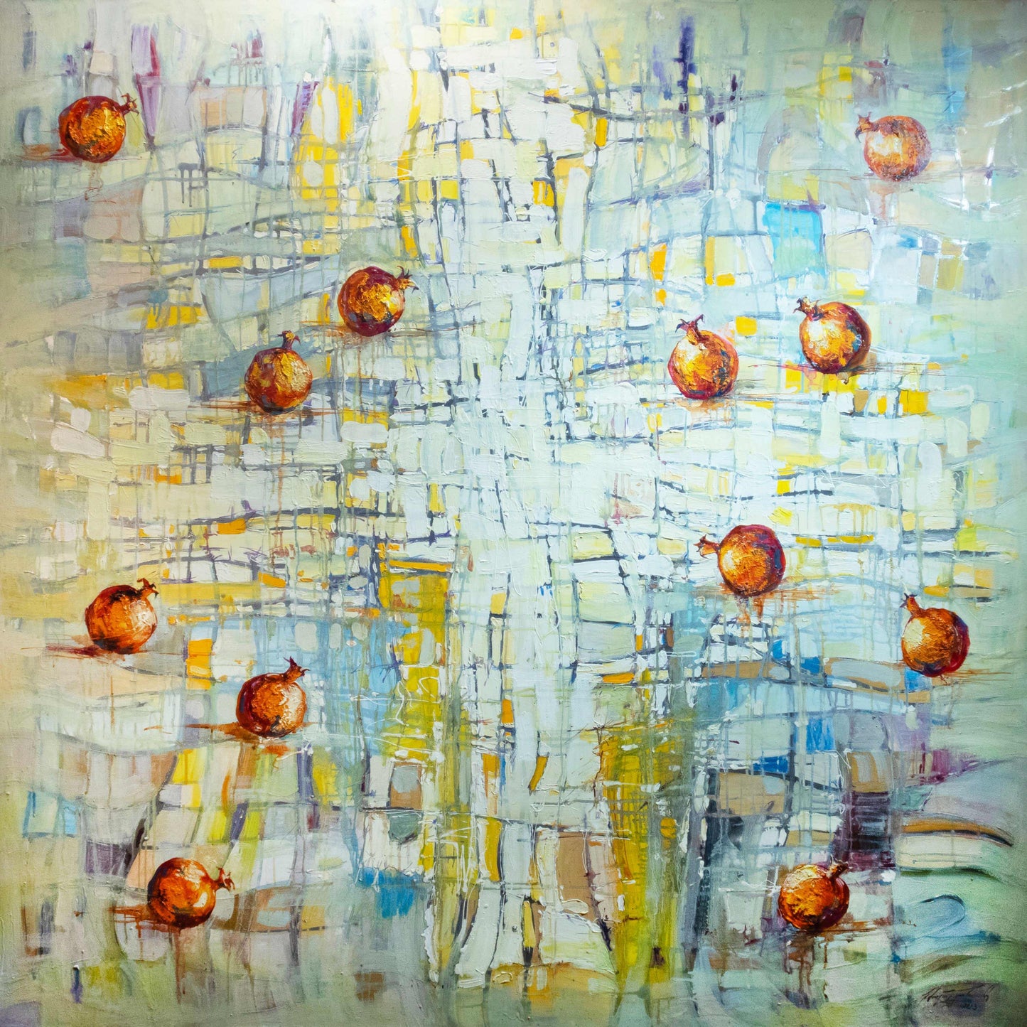 Abstract artwork with geometric patterns and orange shapes