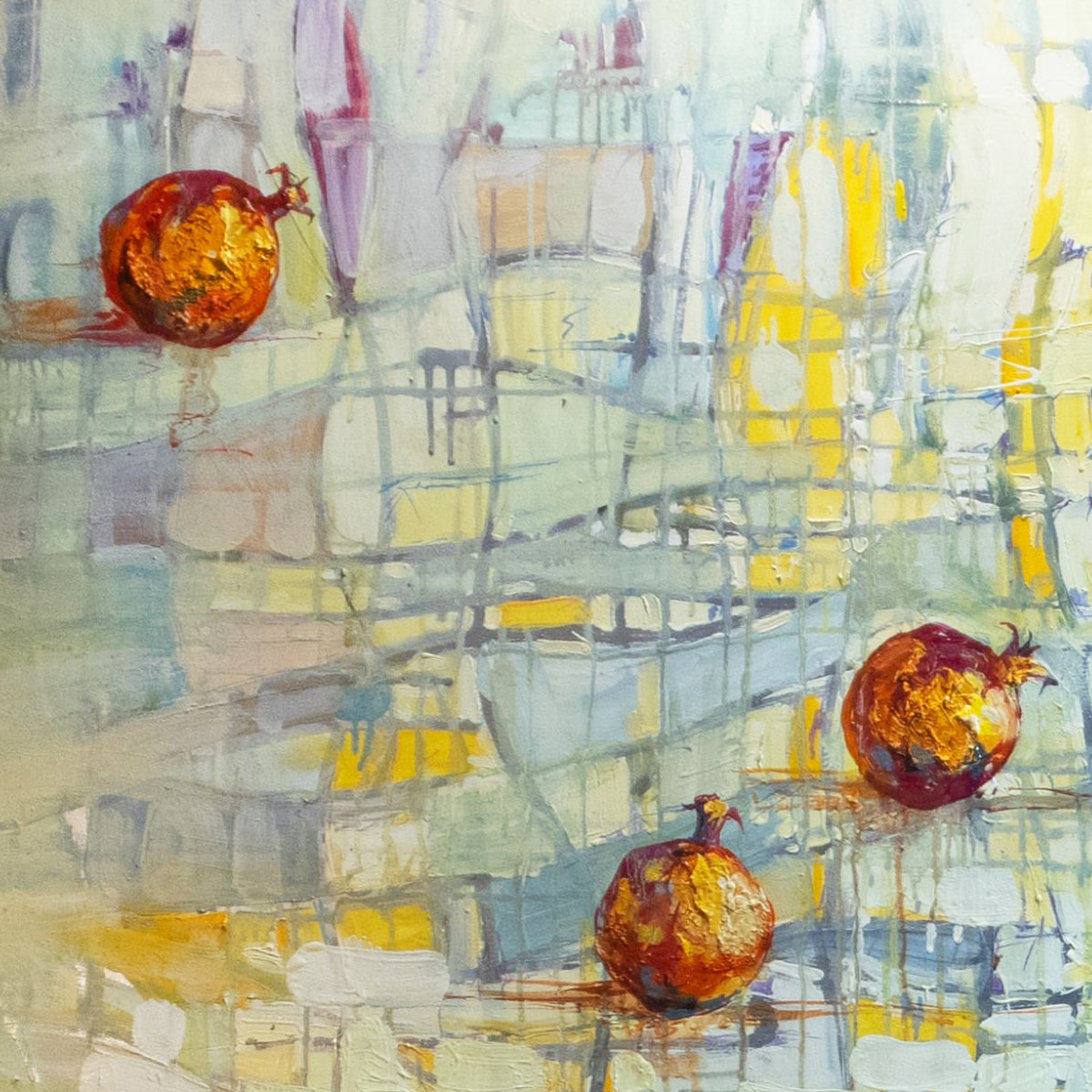 Abstract art with geometric patterns and orange shapes