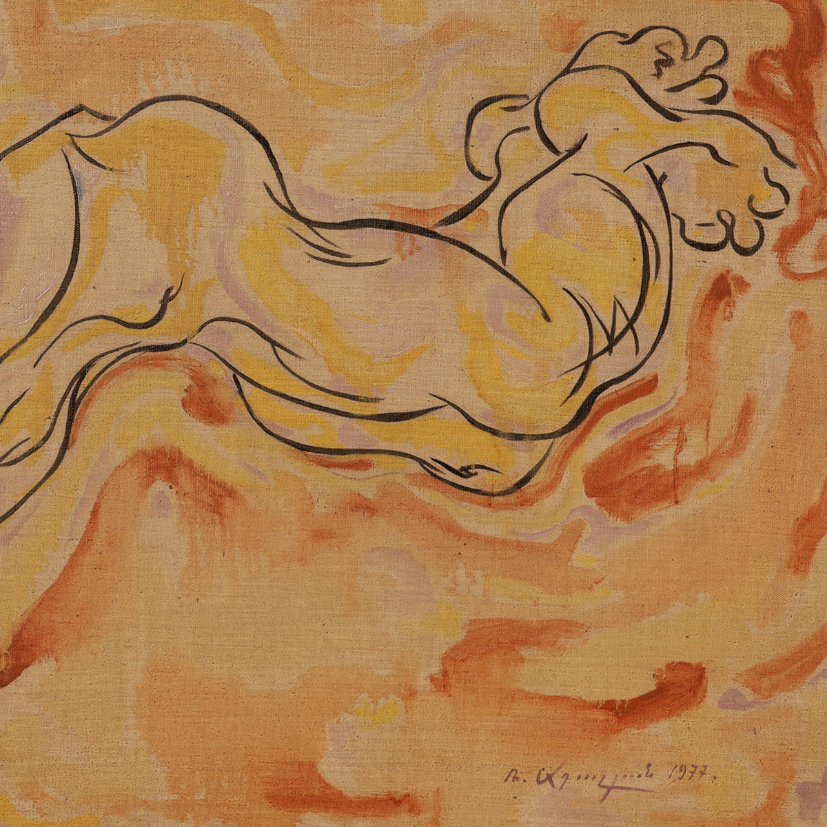 Abstract artwork with flowing lines on a textured orange background