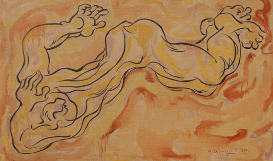 Abstract artwork of a nude figure with flowing lines on an orange background