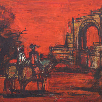 Artistic depiction of a horse-drawn carriage with people on a red background