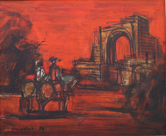 Artistic depiction of a horse-drawn carriage with a large arch in the background, using a warm color palette.