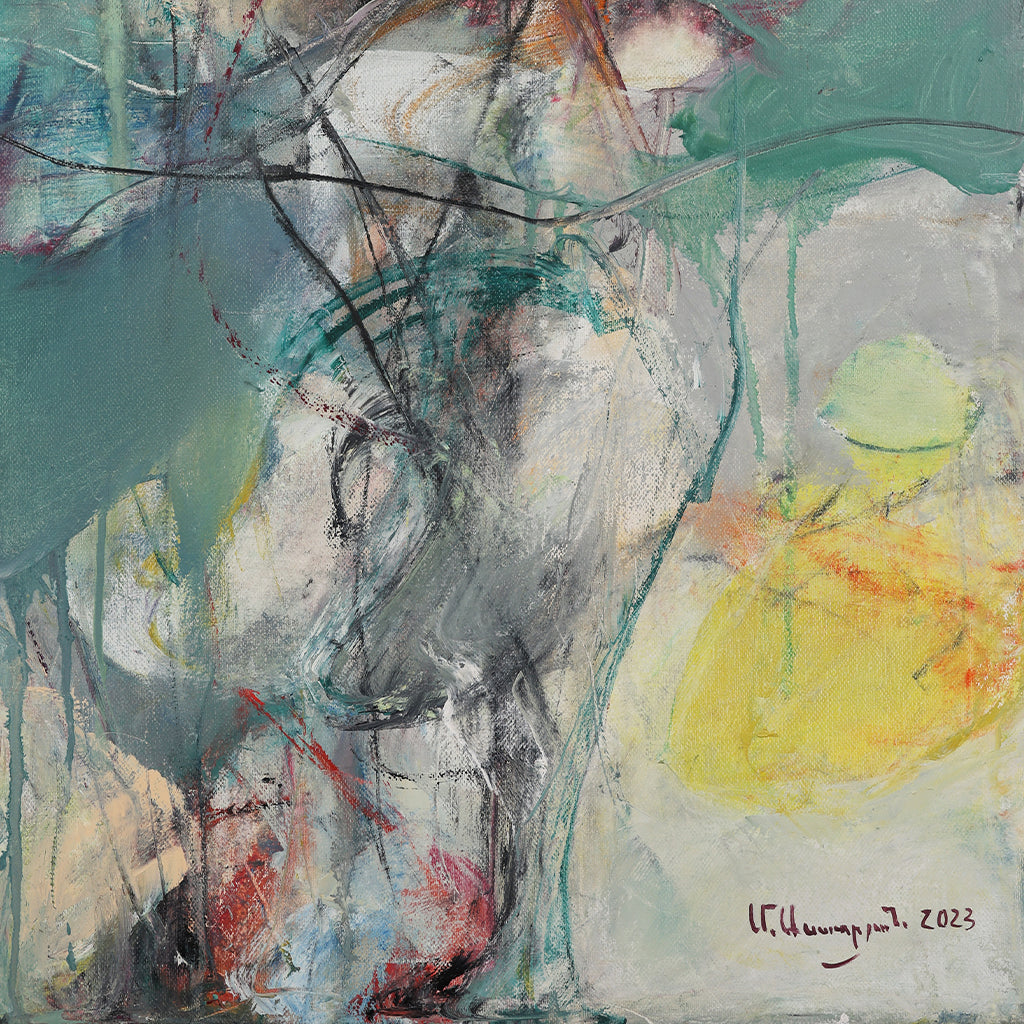 A detail shot of an abstract oil painting on canvas with predominantly green and yellow hues with expressive brush strokes.