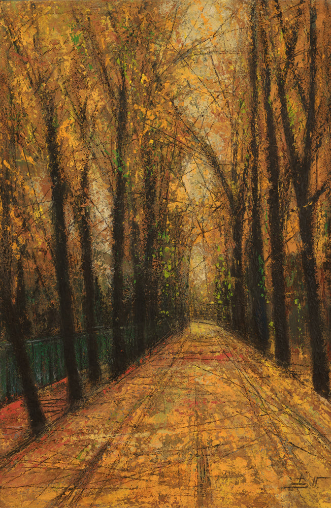 Painting of a forest path with autumnal colors