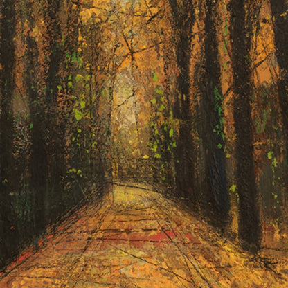 Painting of a forest path with trees on either side
