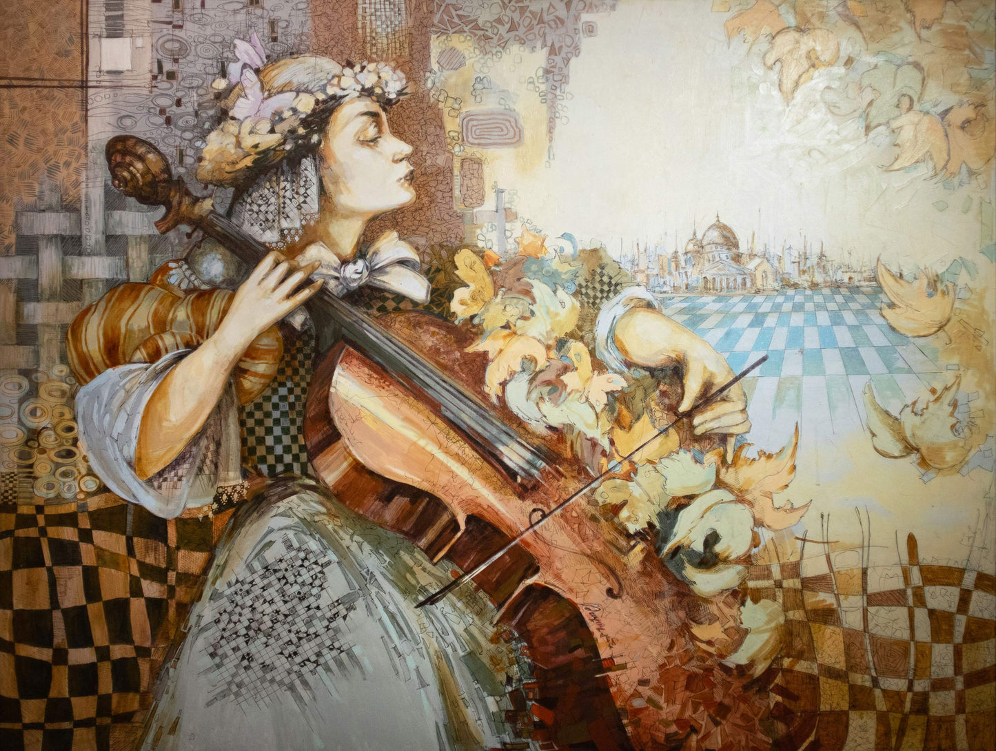 Artistic depiction of a woman playing a cello with a decorative background