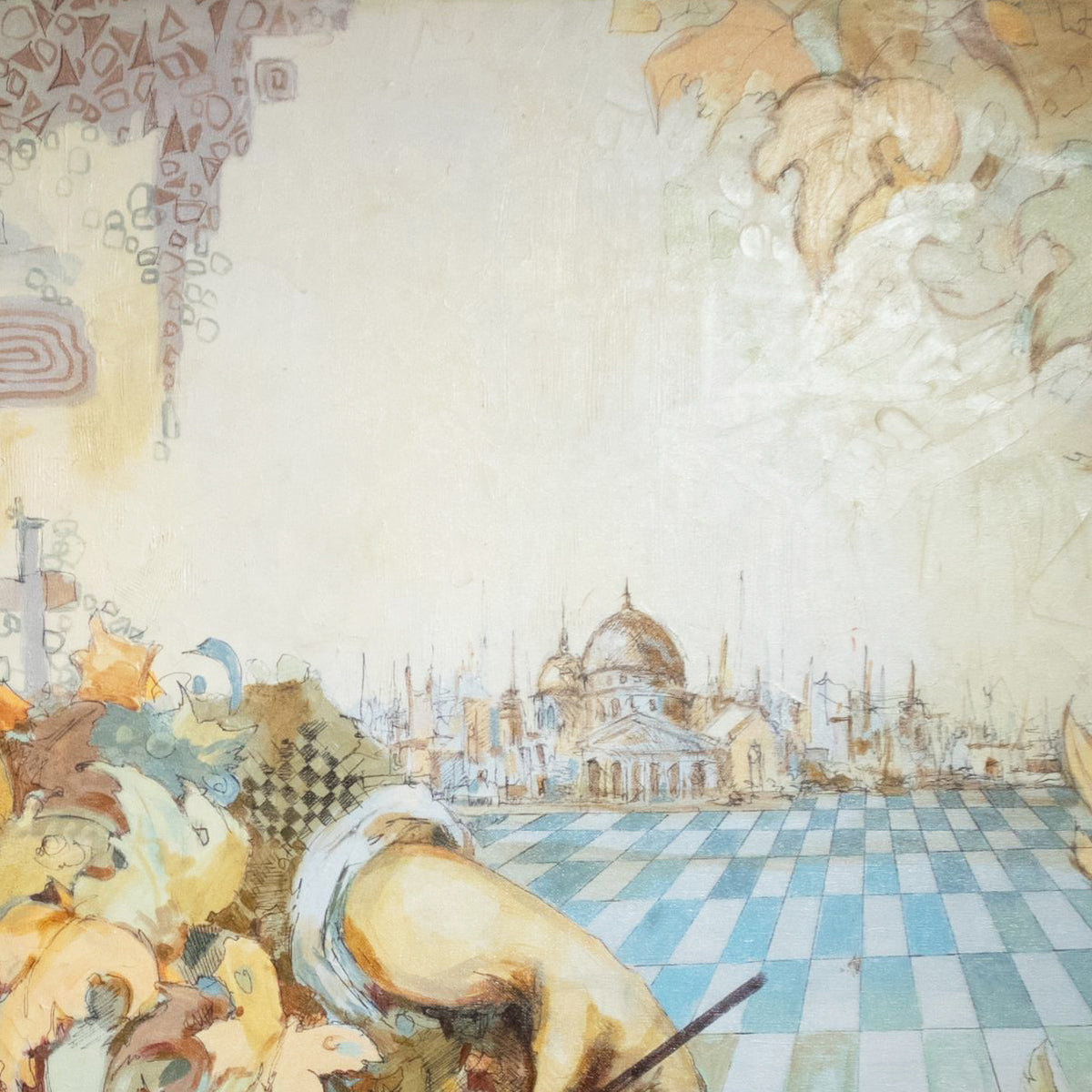 Artistic depiction of a cityscape with architectural elements and decorative patterns.