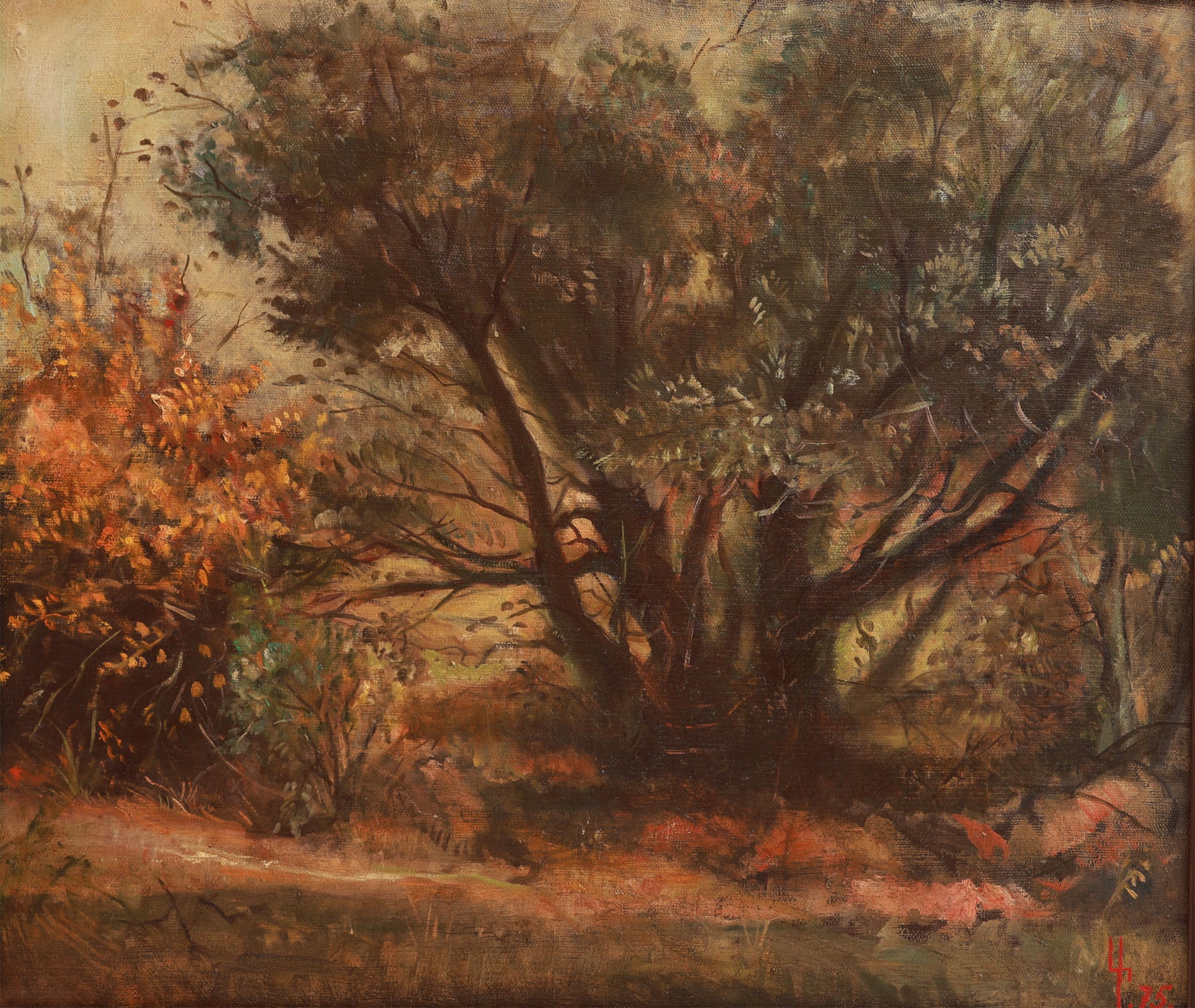 Painting of a forest scene with trees and underbrush