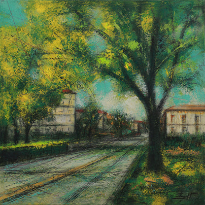 Painting of a tree by train tracks with buildings and greenery in the background