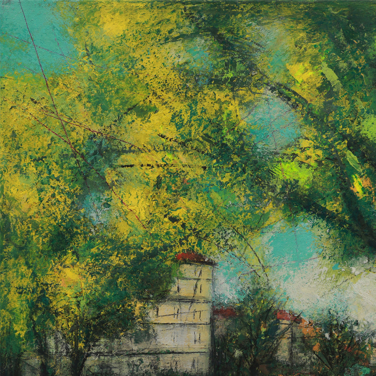 Abstract painting with green, yellow, and blue hues