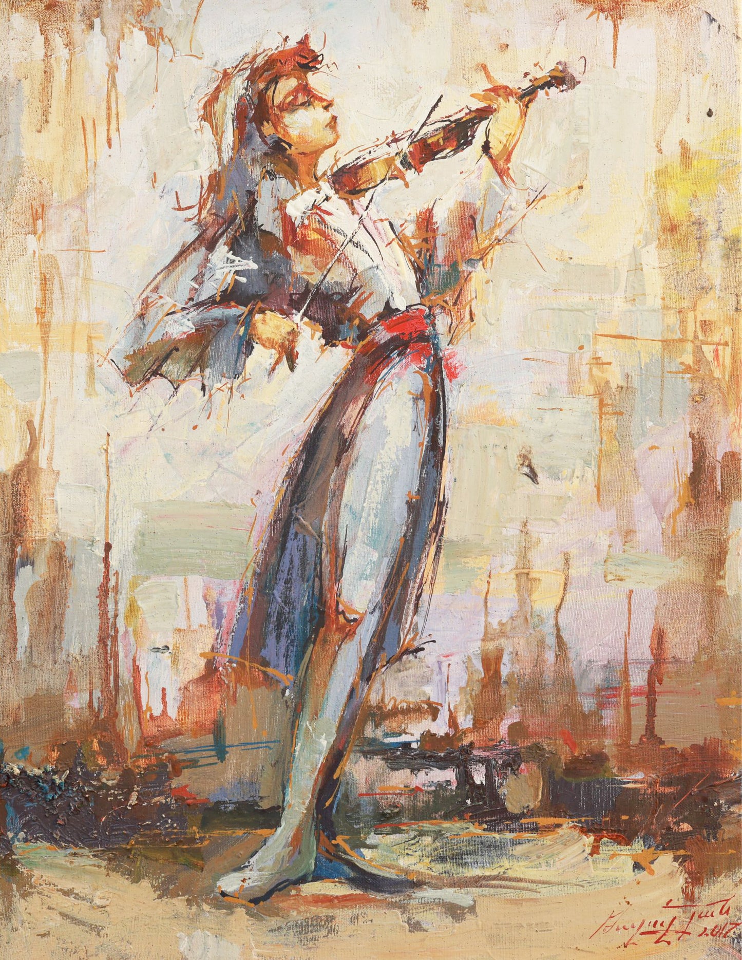 Artistic depiction of a person playing a violin with abstract background