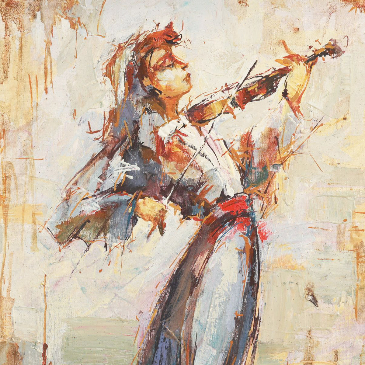 Artistic depiction of a person playing a violin with abstract brushstrokes.