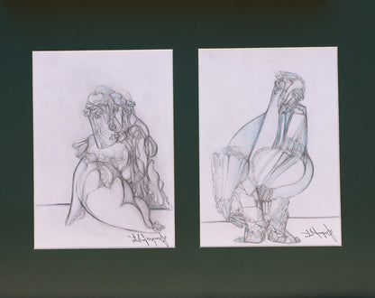 Two sketches of a woman and a man on separate sheets of paper.