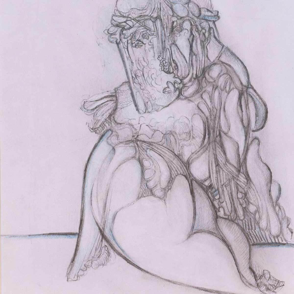 Pencil drawing of a stylized female figure with intricate details on a light gray background