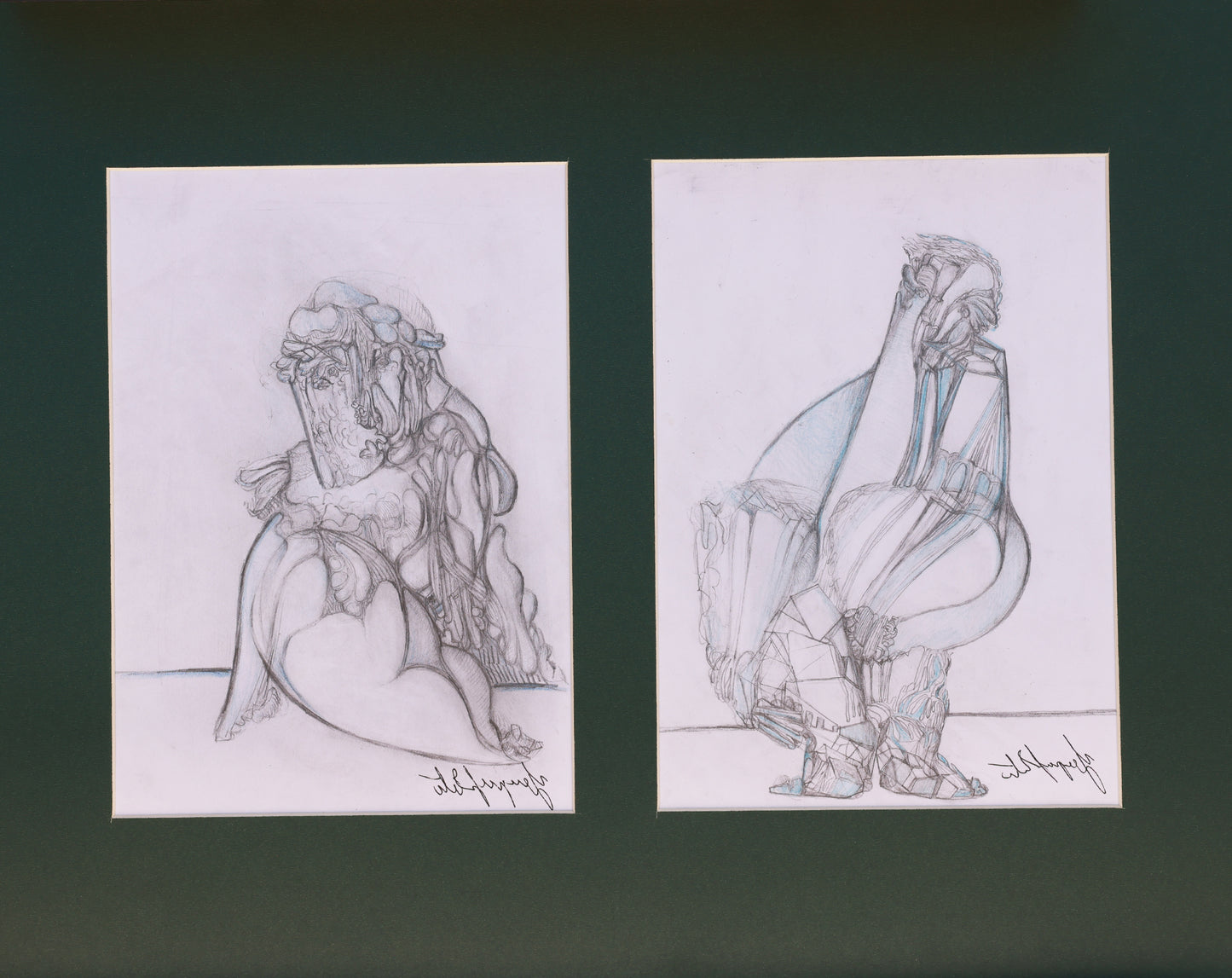 Two pencil sketches of a seated figure and a standing figure on white paper against a dark background.
