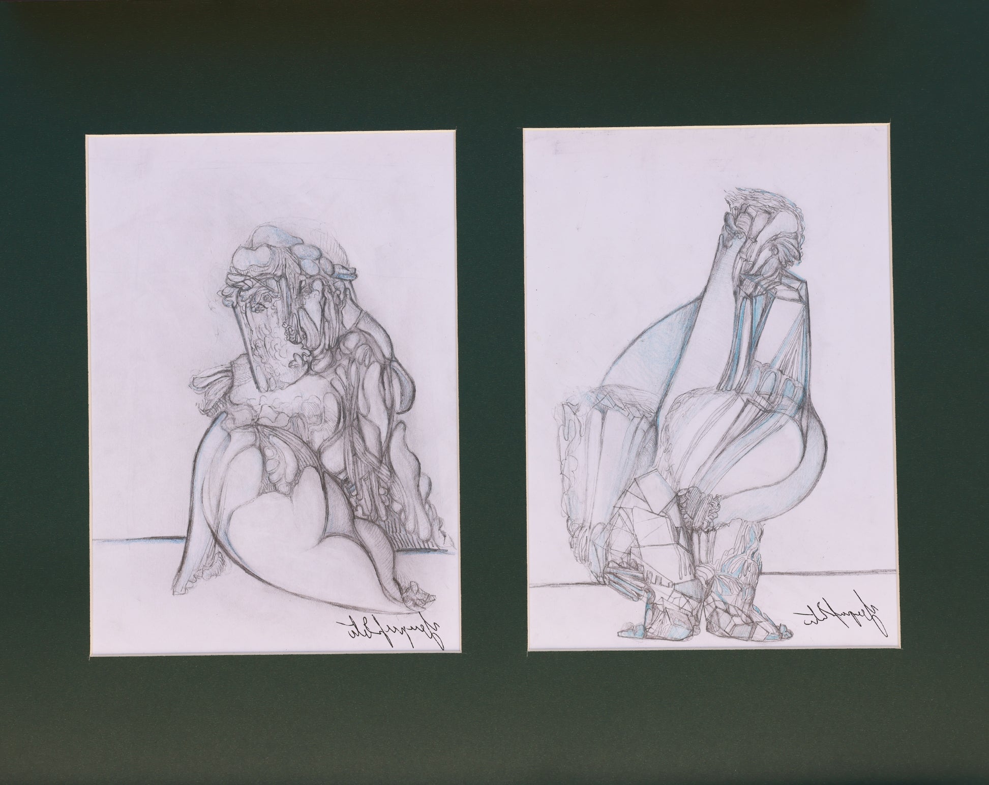Two pencil sketches of a seated figure and a standing figure on white paper against a dark background.
