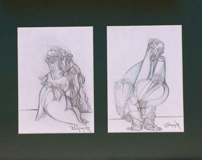 Two pencil sketches of a seated figure and a standing figure on white paper against a dark background.