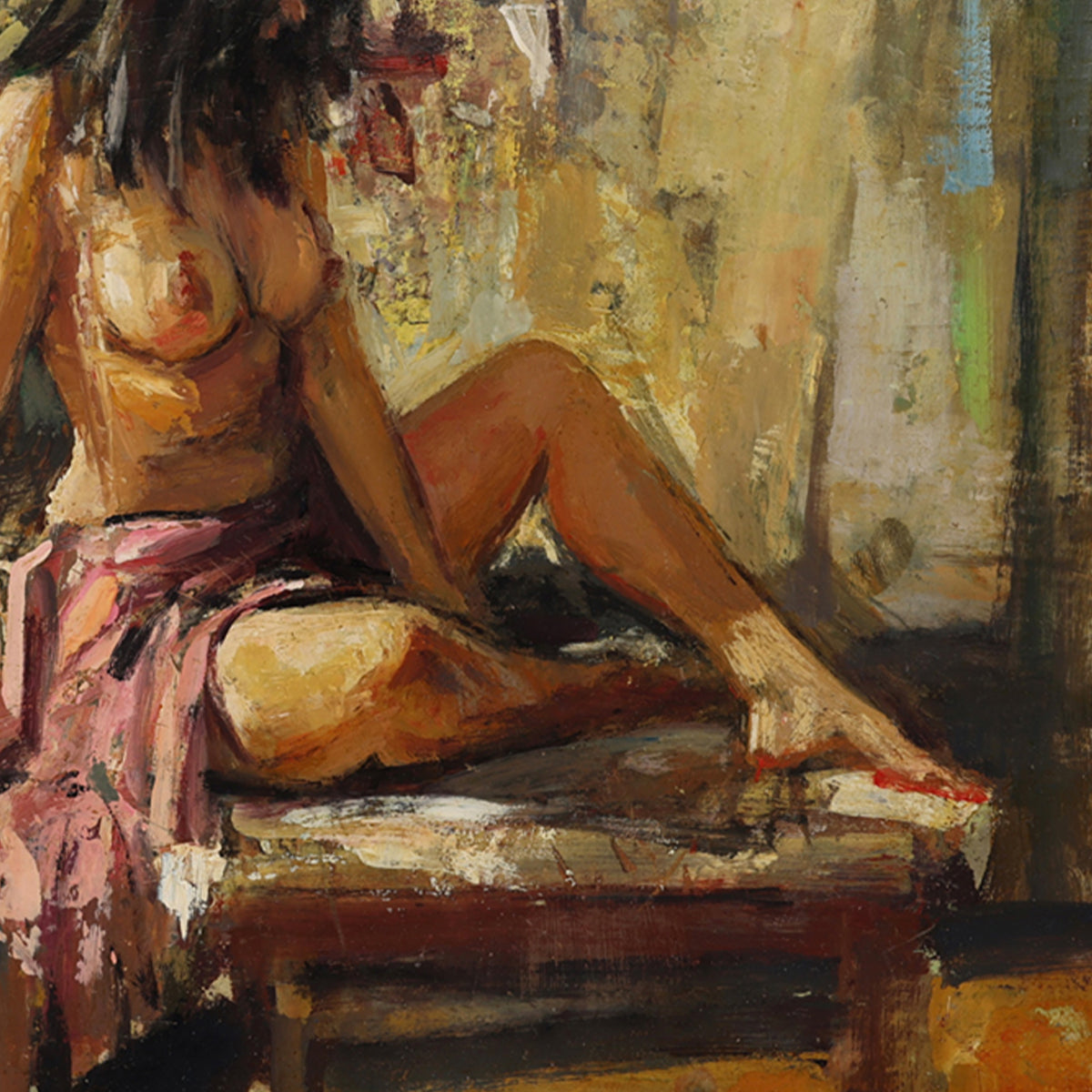 A detail shot of an abstract painting of a nude woman sitting on a table with a multi-colored wall in the background