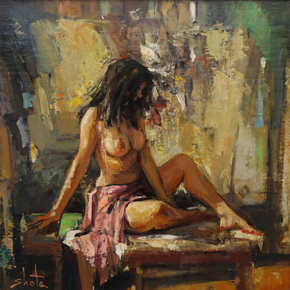 Abstract painting of a nude woman sitting on a table with a multi-colored wall in the background