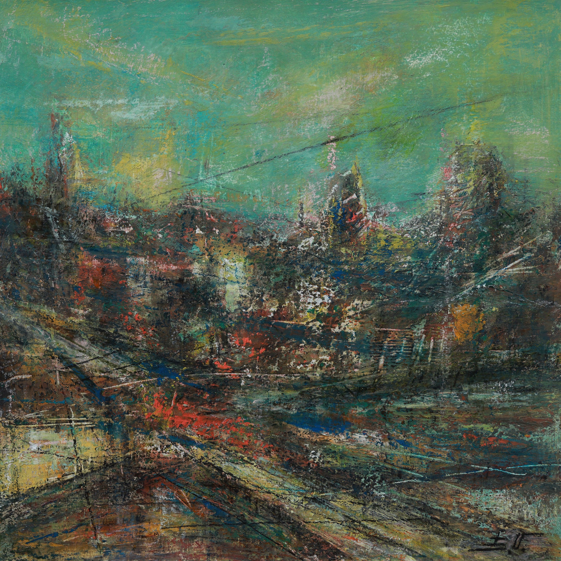 Abstract painting of a cityscape with a green sky