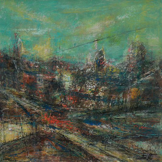 Abstract painting of a cityscape with a green sky