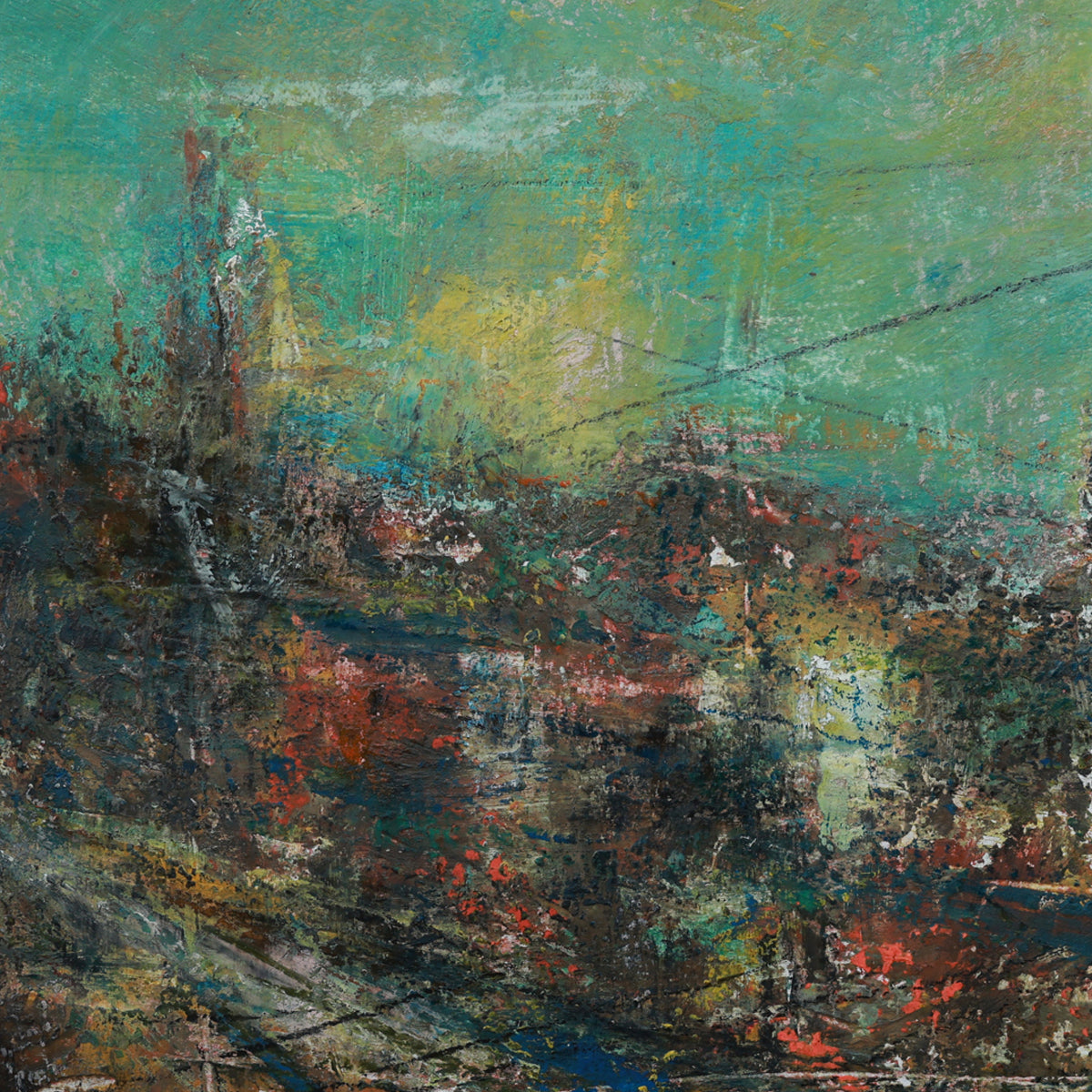 Abstract painting with a mix of green, blue, and brown colors.