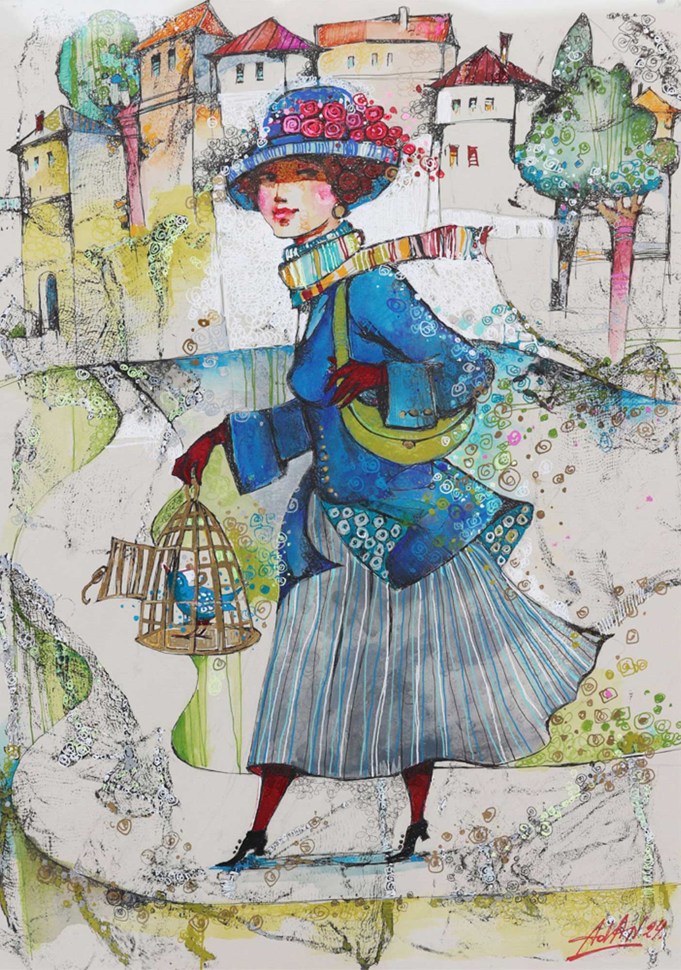 Colorful illustration of a woman in a blue dress with a birdcage, set against a stylized cityscape.