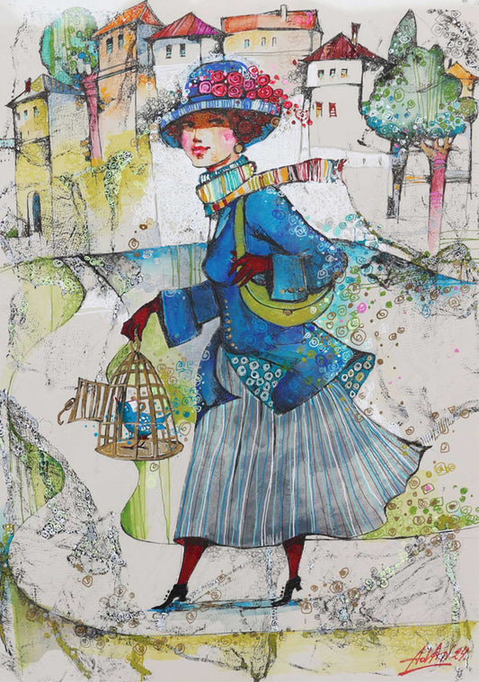 Colorful illustration of a woman in a blue dress with a birdcage, set against a stylized cityscape.