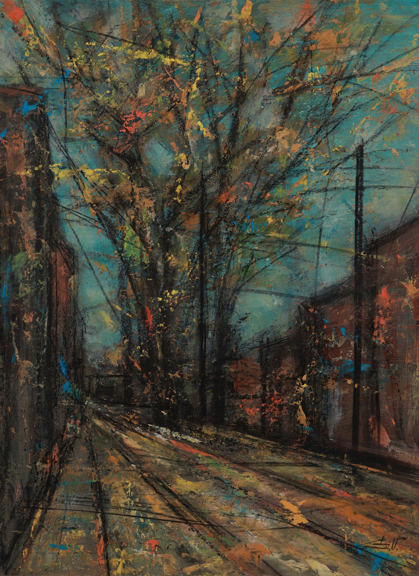 Abstract painting of a street scene with trees and buildings.