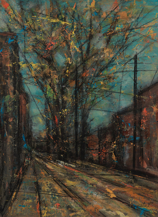 Abstract painting of a street scene with trees and buildings.