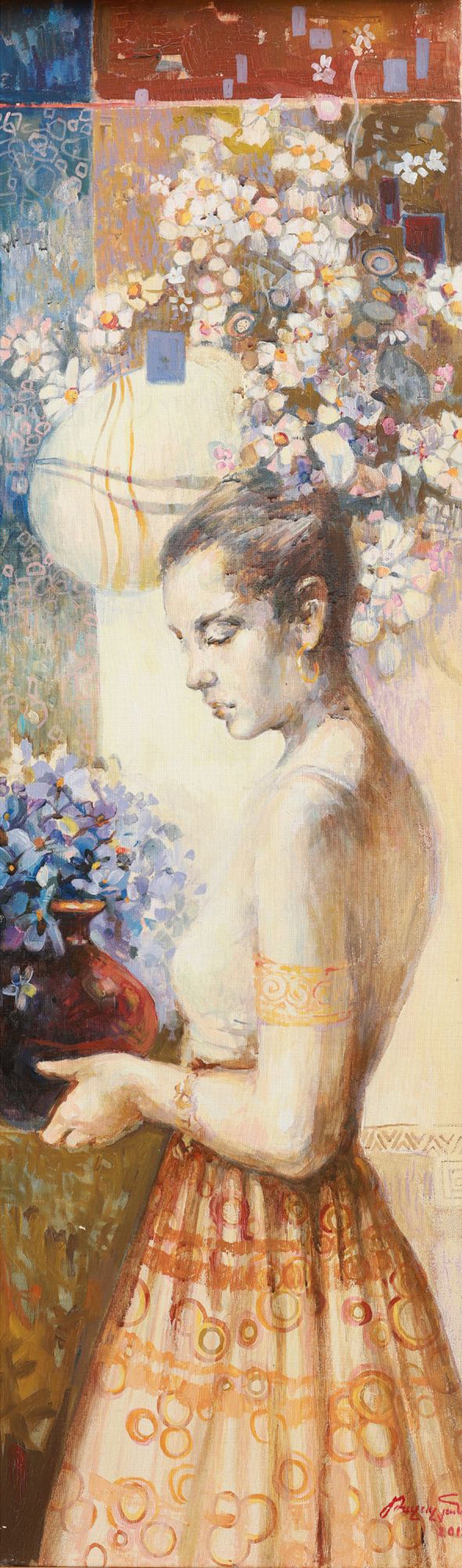 Artistic depiction of a woman with flowers and a vase, with a colorful background.