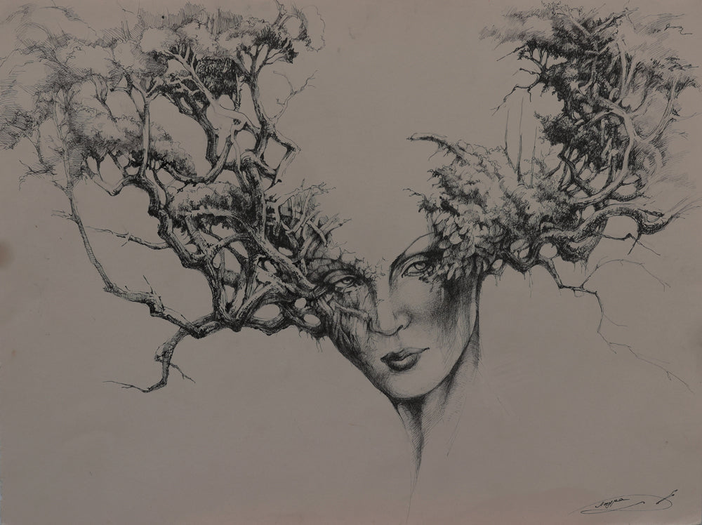Artistic depiction of a woman's face with tree branches integrated into her hair and head.