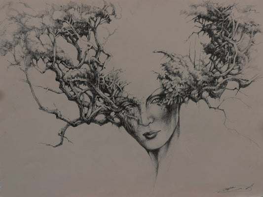 Artistic depiction of a woman's face with tree branches integrated into her hair and head.