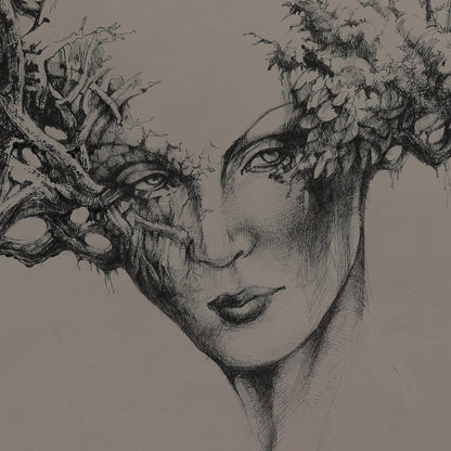Artistic depiction of a face with intricate detailing and natural elements.