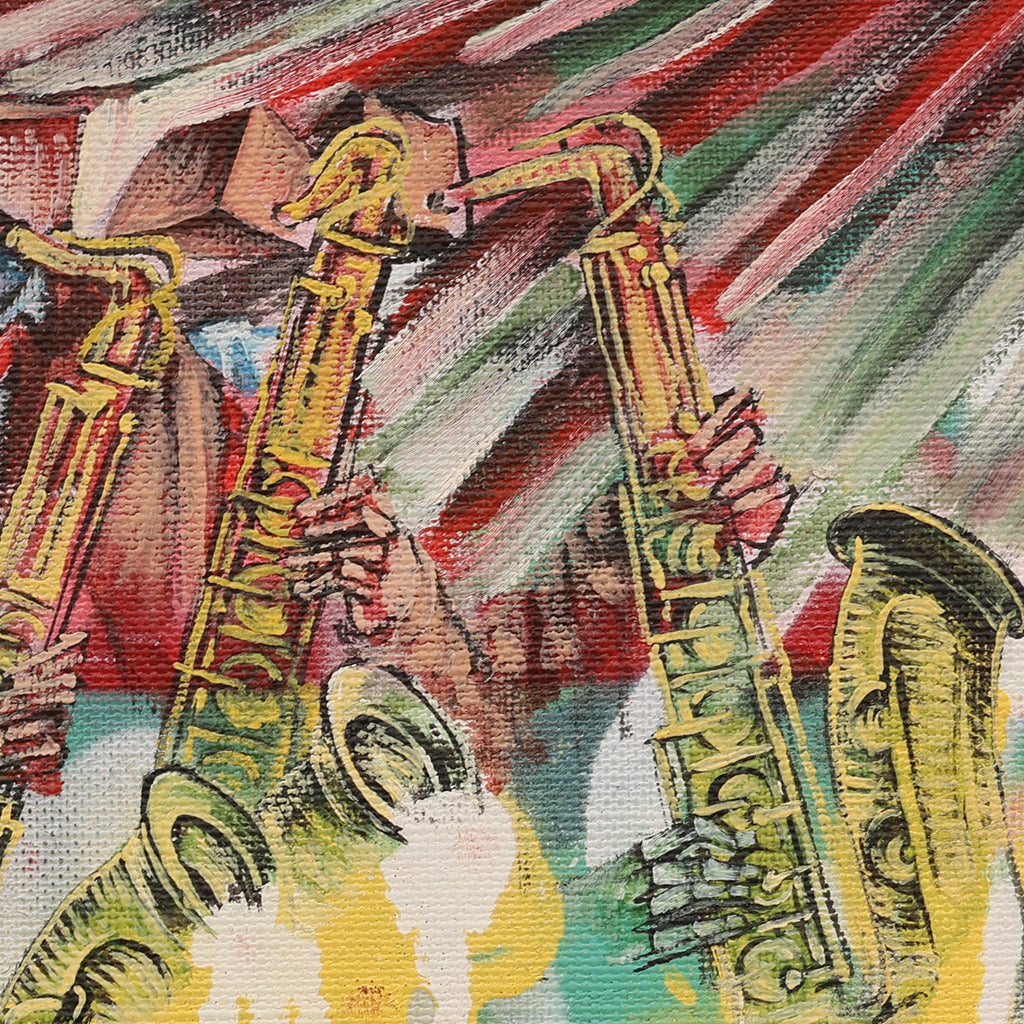 A detail image of a Surrealist painting of 4 jazz musicians with a faceless, box-shaped heads playing multiple golden saxophones. The artwork features dripping paint effects, fragmented hands, and a vibrant graffiti-style background with red, green, and teal tones. The composition blends abstract and mechanical elements, creating a dynamic and chaotic visual representation of jazz improvisation and rhythm.
