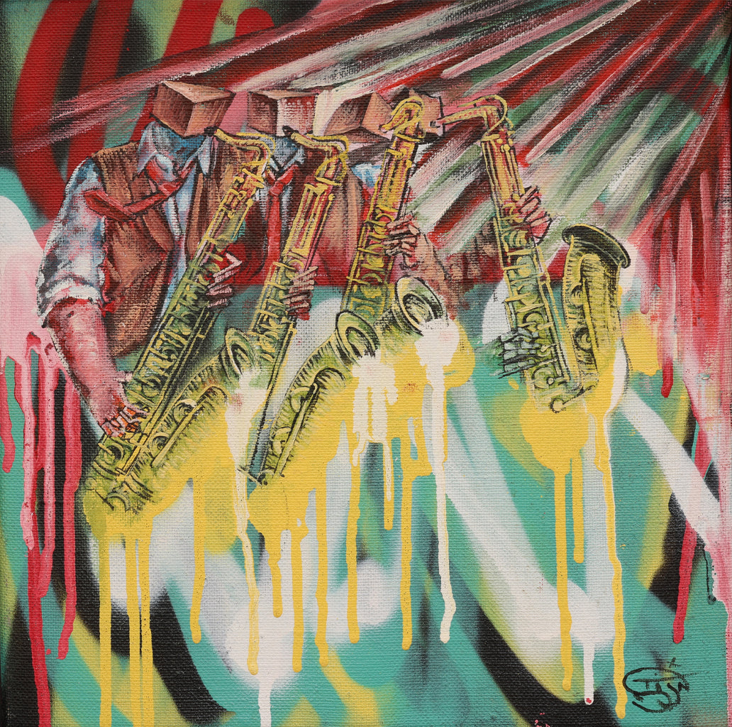 Surrealist painting of 4 jazz musicians with a faceless, box-shaped heads playing multiple golden saxophones. The artwork features dripping paint effects, fragmented hands, and a vibrant graffiti-style background with red, green, and teal tones. The composition blends abstract and mechanical elements, creating a dynamic and chaotic visual representation of jazz improvisation and rhythm.