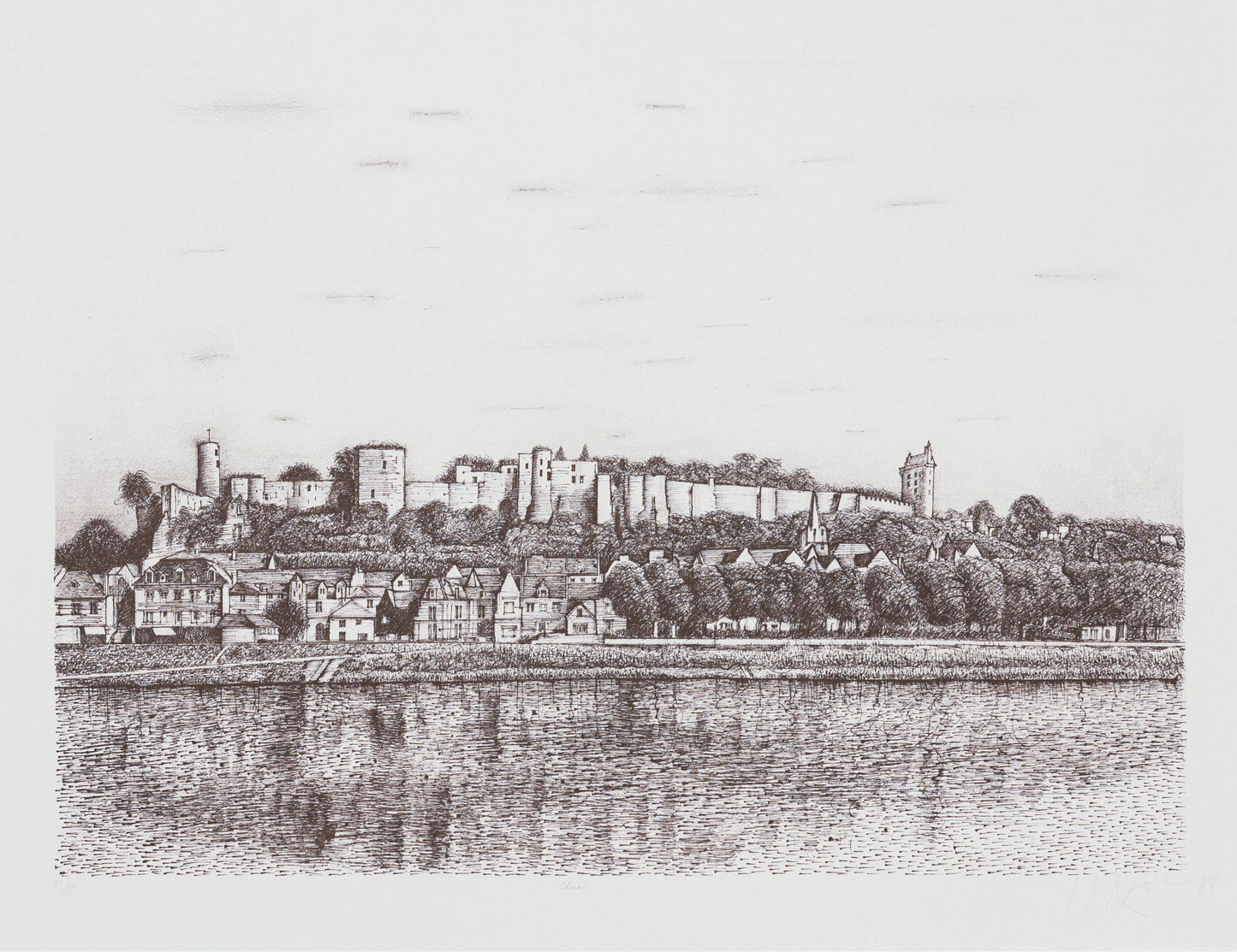 Vintage illustration of a town with a castle overlooking a river