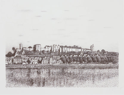 Vintage illustration of a town with a castle overlooking a river