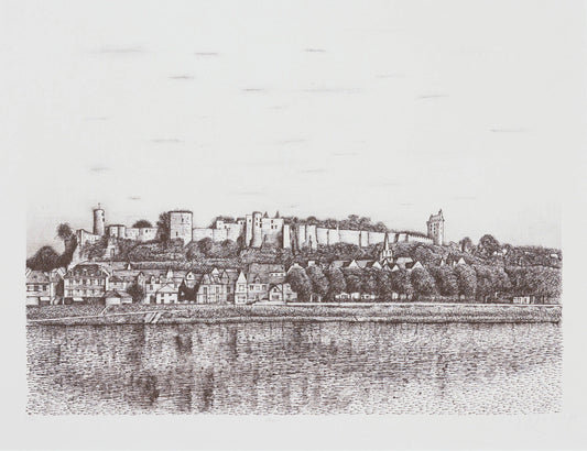 Vintage illustration of a town with a castle overlooking a river