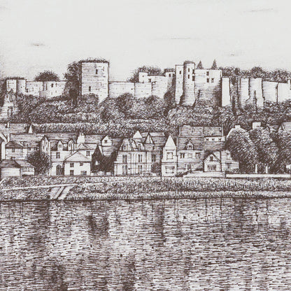 Vintage illustration of a town with a castle overlooking a river
