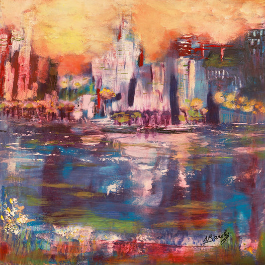 Abstract cityscape painting with colorful reflections on water