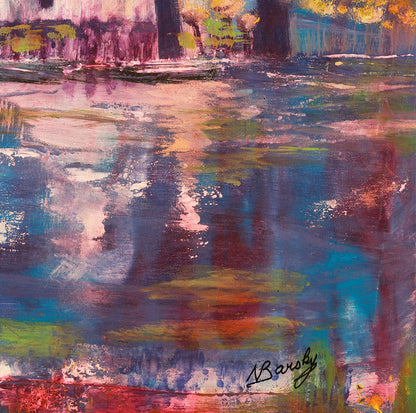 A detail shot of an abstract cityscape painting with colorful reflections on water