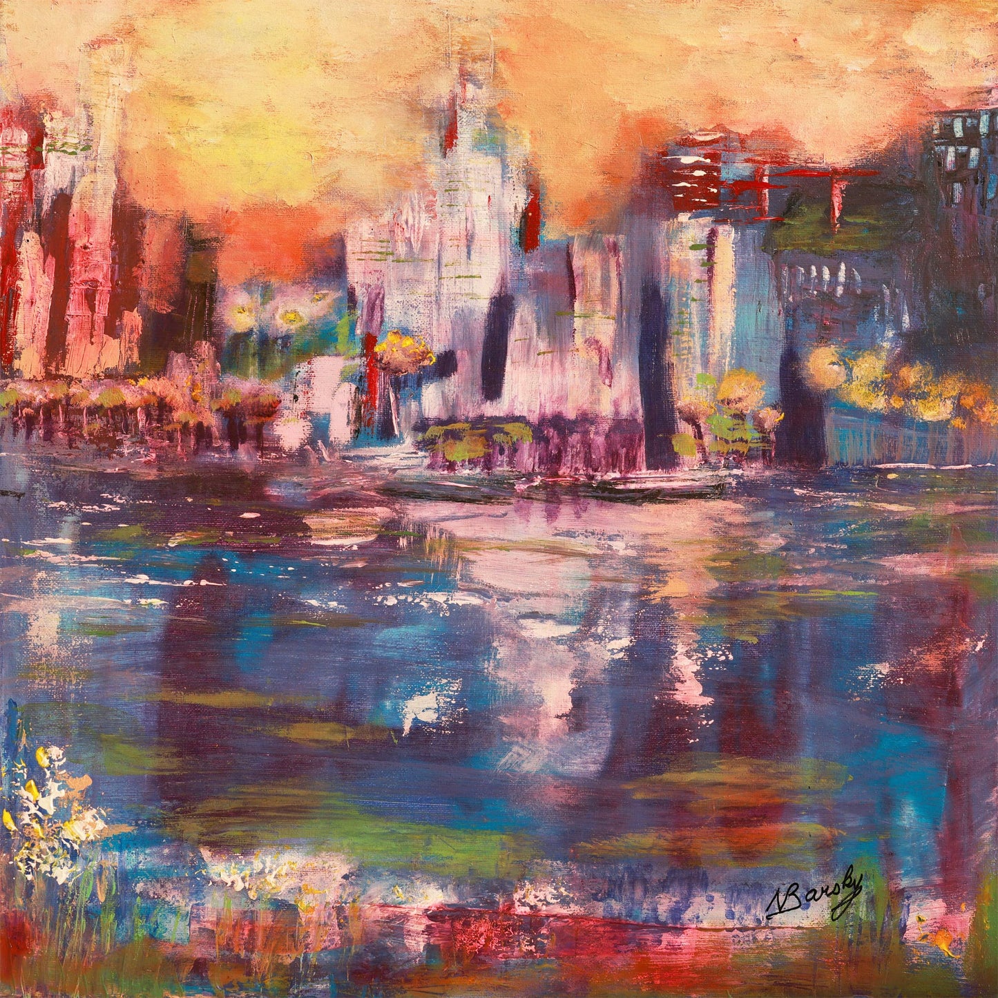 Abstract painting of a cityscape with reflections on water