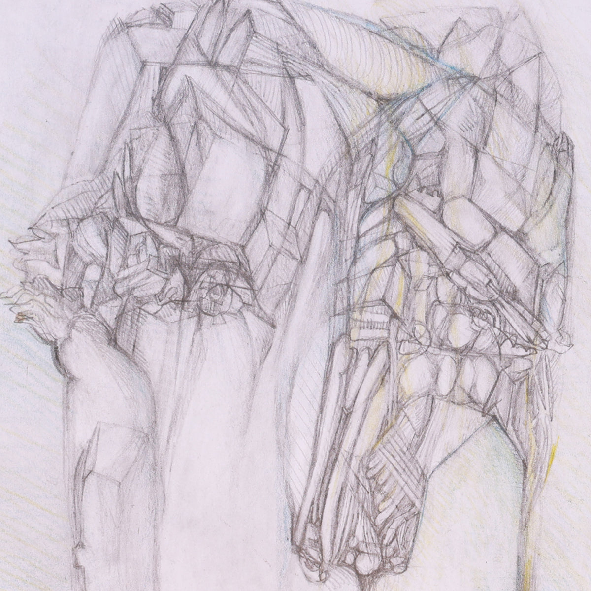 Abstract drawing of a figure with intricate lines on a light background