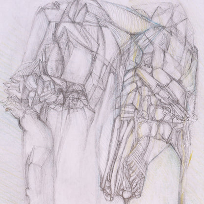 Abstract drawing of a figure with intricate lines on a light background