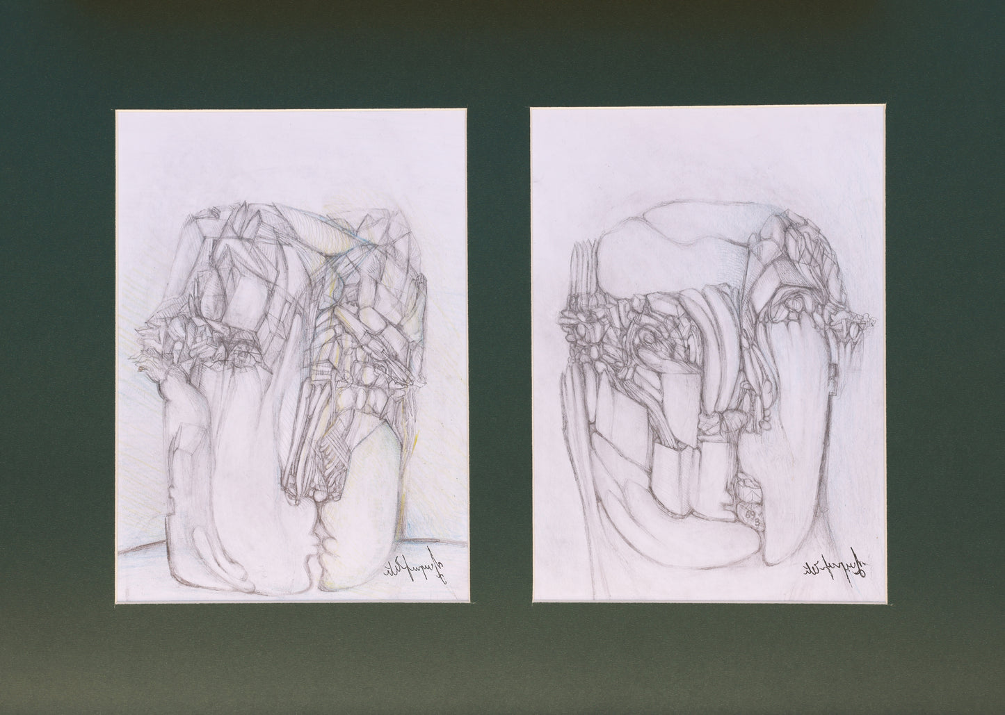 Two pencil sketches of architectural designs on white paper against a dark green background.