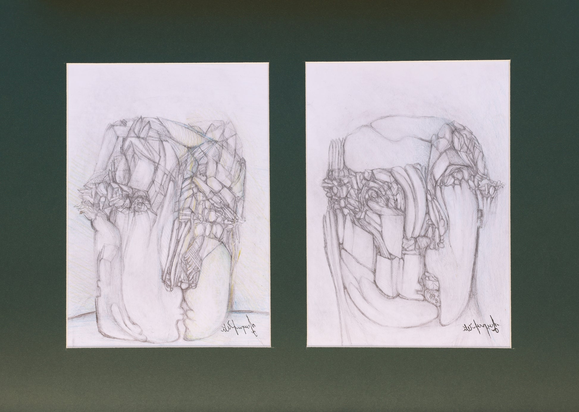 Two pencil sketches of architectural designs on white paper against a dark green background.