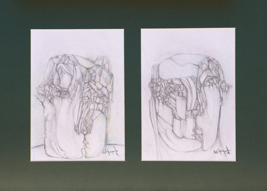 Two pencil sketches of architectural designs on white paper against a dark green background.