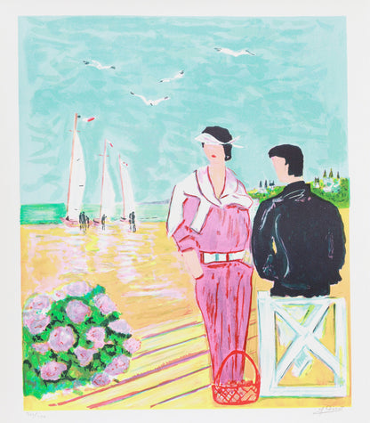 Artistic depiction of a couple by the beach with sailboats in the background.